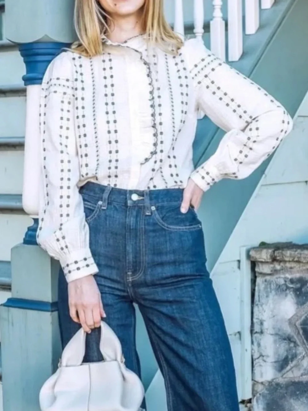 SEZANE Chlo Floral Embroidered Ruffle Button Down Shirt Top 36 USA 4 - Picture 4 of 9